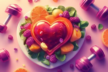 A digital illustration of a heart-shaped dish with vibrant fresh produce, alongside 3D-rendered dumbbells, symbolizing the fusion of diet and exercise