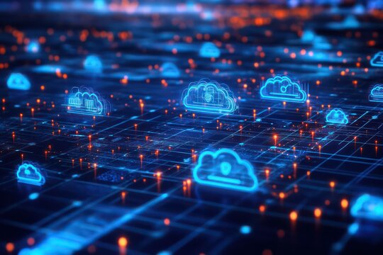 A digital interface featuring interconnected cloud storage nodes with AI processing.