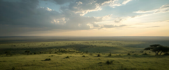 African savanna sunset landscape, vast plains, acacia tree