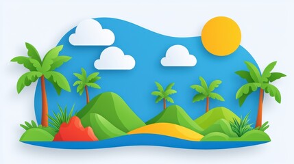 Obraz premium Colorful and Vibrant Tropical Landscape with Palm Trees, Clouds, Sun and Rolling Hills