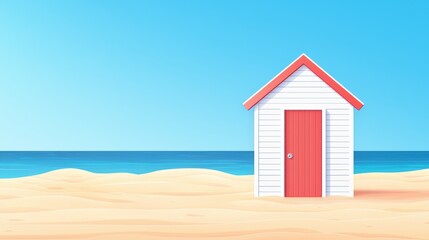 Bright Beach Hut on Sandy Shore Under Clear Blue Sky with Calm Ocean in Background