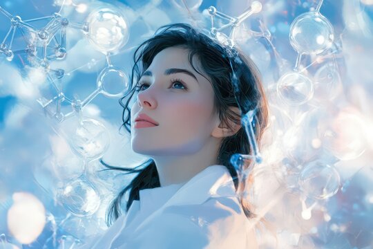 A digital painting of a young woman in a white lab coat, surrounded by floating holographic molecular structures, representing scientific innovation