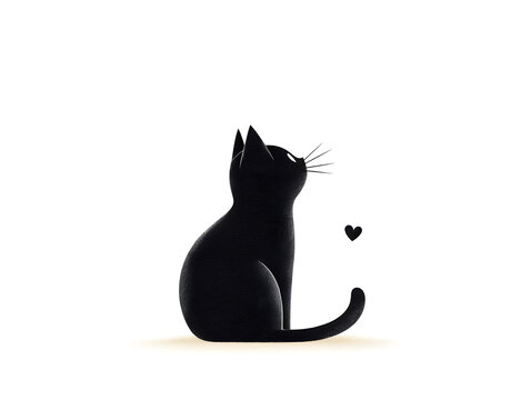 graceful black cat sits elegantly, gazing upwards with small heart nearby, embodying sense of calm and affection