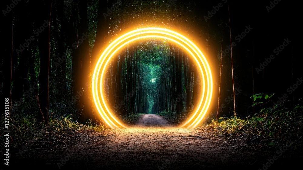 Poster enchanted forest path illuminated by a radiant portal mysterious glow amidst lush green trees serene