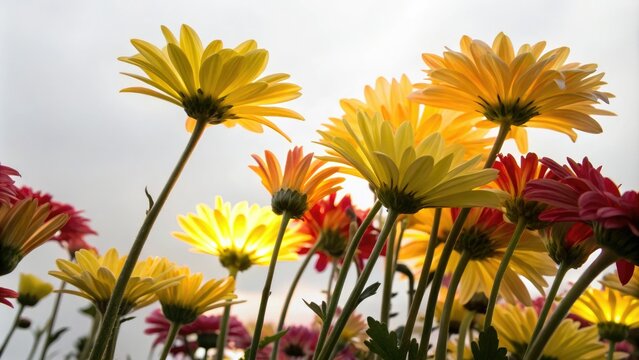A cluster of colorful flowers with long stems and petals emitting a bright yellow ray, flowers, long stemmed flowers, colorful blooms, blooming flowers