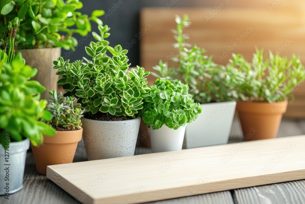 Aufkleber lush potted greenery displayed on rustic wooden tabletop with soft lighting and natural aesthetic fo