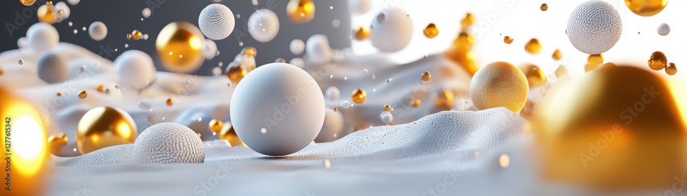 Fototapete Abstract elegance gold and white spheres on soft fabric creating a luxurious serene atmosphere with gentle light and subtle texture