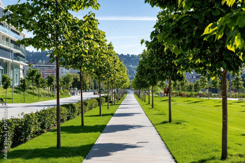 Aufkleber Serene Walkway Through Lush Green Park with Rows of Trees on Sunny Day Capturing Tranquility and Natural Beauty with Clear Sky and Distant Buildings