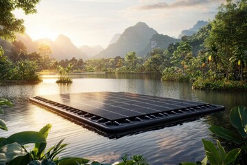 Naklejka premium Serene lake landscape featuring floating solar panel array amidst lush tropical foliage and distant mountains at sunrise