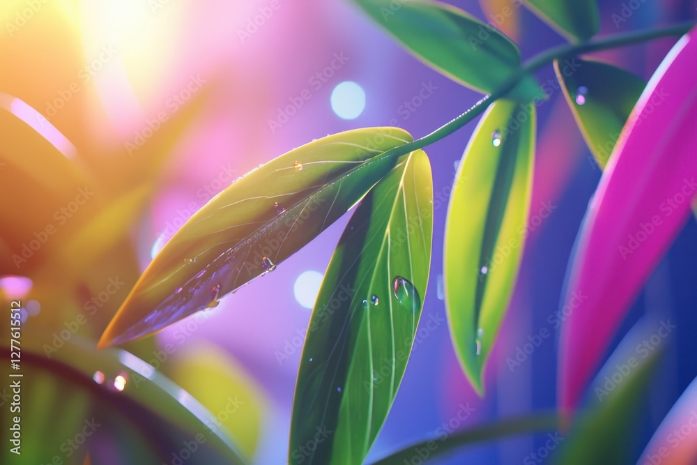 Aufkleber dew kissed leaves bathed in ethereal light a serene botanical close up with vibrant colors and soft 