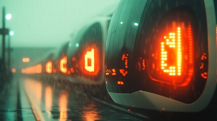 Futuristic electric vehicles glowing in rain urban street scene digital art nighttime environment close-up view