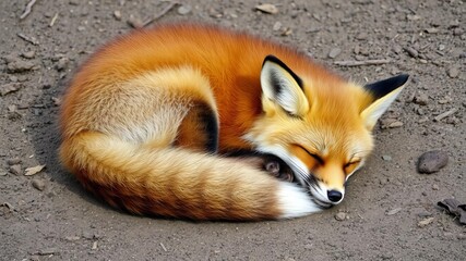 Fototapeta premium Adorable red fox peacefully sleeping on its fluffy tail in a forest setting, cute, wild, nature