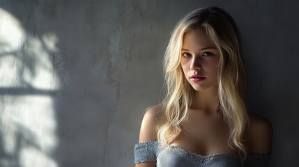 Naklejka premium Portrait of blonde woman wearing a casual dress outdoors.