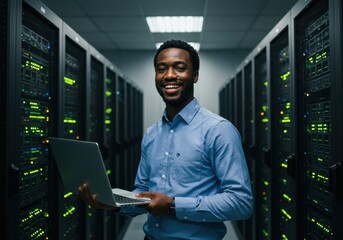 A young African American man carrying a laptop in a server room, smiling at the camera