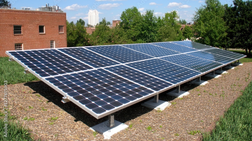 Poster solar panel array on building rooftop generating clean energy under blue sky in urban landscape