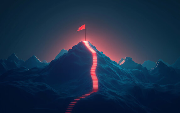Concept of step-by-step achievement of goals. Glowing path leading to success and achievements concept with flag on peak of mountain. Ad poster for business the presentation