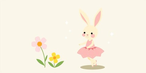 Fototapeta premium Baby bunny ballerina wearing pink tutu and yellow flower, bunny, flower, cute