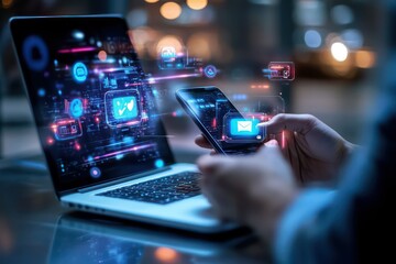 A digital workspace with a man using his laptop and smartphone, showing a chatbot interface managing appointments, emails, and customer requests.