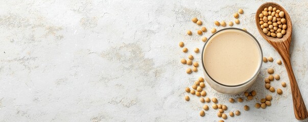 A glass of soy milk is surrounded by soybeans and a wooden spoon, set against a light, textured background.
