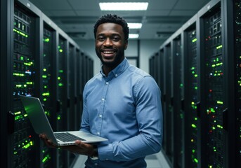 A young African American man carrying a laptop in a server room, smiling at the camera