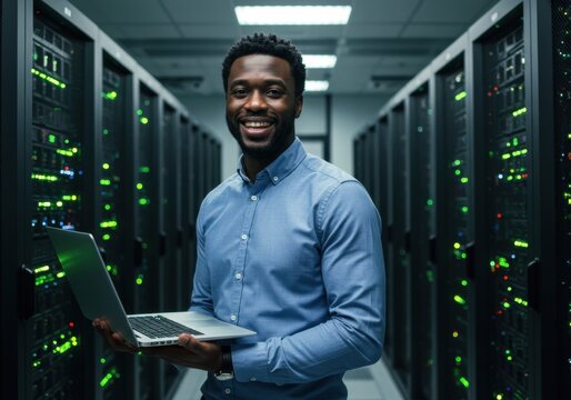 A young African American man carrying a laptop in a server room, smiling at the camera - Powered by Adobe