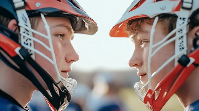 A Close Encounter Between Two Young Lacrosse Players Wearing Helmets in an Outdoor Setting, Capturing Determination and Focus in Their Expressions