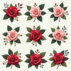 Vibrant Realistic Roses Against White Background  Perfect Easter Floral Art. A set of realistic roses with green leaves and buds.