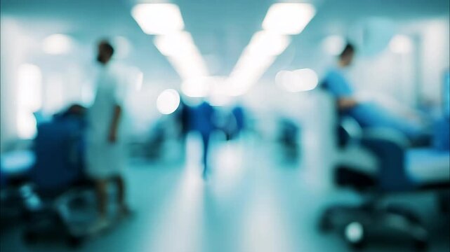A blurry image of a hospital hallway with a man in a blue suit walking down the hallway. The hallway is filled with beds and chairs, and there are several people walking around