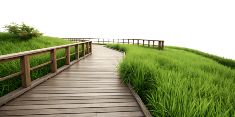 wooden terrace with green grass isolated on a white background, png