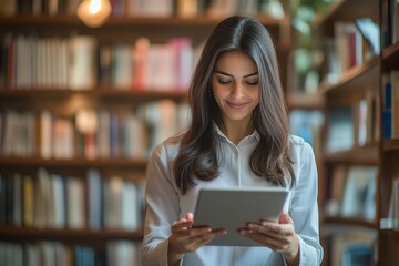 Portrait of a young Hispanic professional business woman in an office library, reviewing digital data on a tablet – Intelligent and visionary corporate leader