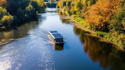 A boat glides along a serene river, surrounded by vibrant autumn foliage, reflecting the beauty of nature.