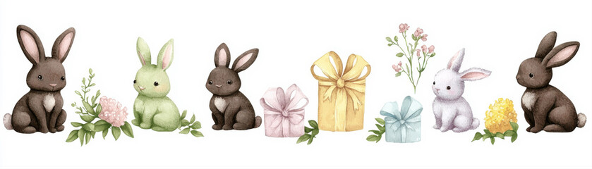Obraz premium A charming illustration of rabbits in various colors, surrounded by flowers and gifts, perfect for spring or Easter themes.