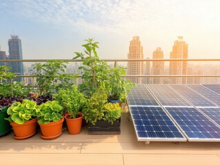 Fototapeta premium A rooftop garden featuring vibrant plants alongside solar panels, blending urban living with sustainable energy solutions under a bright sky.