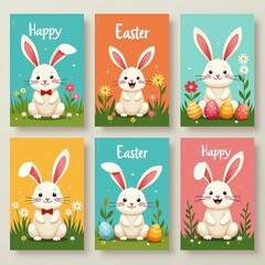 Obraz premium Set of 6 Happy Easter Bunny Cards with Eggs and Flowers