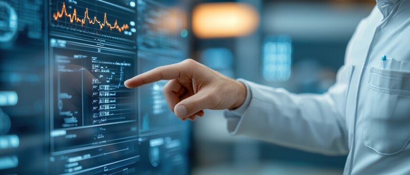 A person in a lab coat interacts with a digital touchscreen, displaying various data visualizations and scientific information.