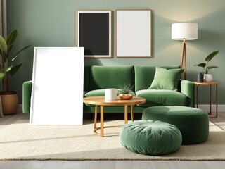 Luxurious living room interior with green velvet sofa, coffee table, gold decorations, plants, lamp, carpet, mock up poster frame, and elegant accessories, interior design, coffee table