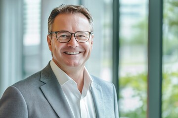 Middle aged professional business man with glasses wearing white shirt and suit happily smiling standing in office near glass window