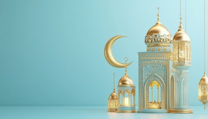 Ornate White Mosque with Golden Lanterns and Crescent Moon on Blue Background