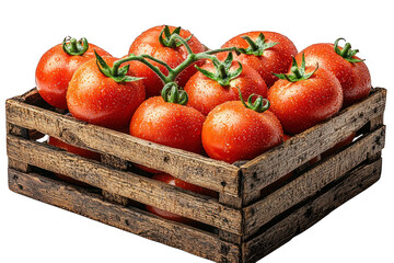 A wooden crate filled with fresh, glistening red tomatoes, showcasing their vibrant color.
