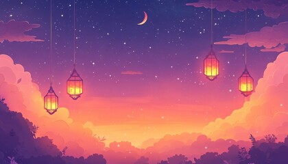 Pixel Art Sunset Landscape with Glowing Lanterns