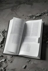 Fototapeta premium A large open book lying flat on the ground with a black and white page exposed, minimalist, reading material