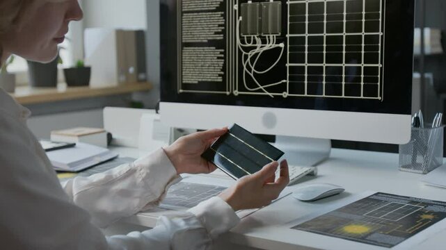Medium side shot of anonymous Caucasian female industrial designer sitting in office in front of computer with technical drawings, examining small-scale model of innovative solar battery