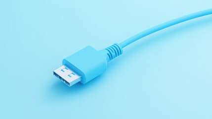blue USB cable on light blue background, showcasing modern technology and connectivity. This highlights sleek design and functionality of USB connections