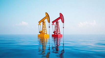 Colorful Oil Pumps in Tranquil Water Under Blue Sky with Soft Clouds Reflecting in Surface