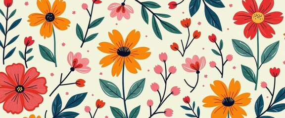 Colorful Hand-Drawn Floral Pattern with Orange, Red, and Pink Flowers