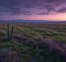 Obraz premium A lone barbed wire fence stretches across a vast, open field under a darkening twilight sky with hues of purple and blue , open space, vast field