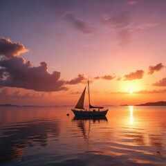 Naklejka premium A lone boat sailing in the fading light of sunset in Laguna Formosa, sailboat on water, serenity, sunset