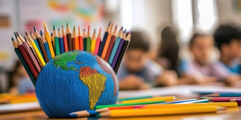 Colorful pencils on globe in classroom