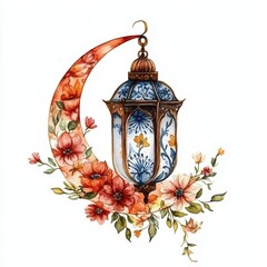 Watercolor Crescent Moon with Hanging Lantern and Floral Decor