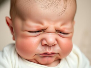 Close up portrait of a newborn baby crying with emotions of discontent, displaying signs of colic, newborn photography, infant, fussy